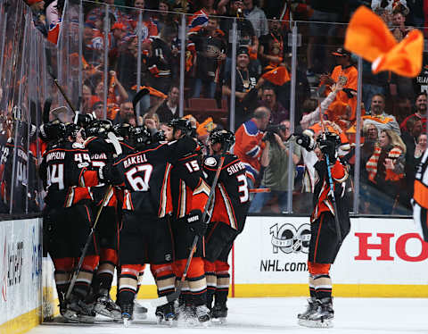 ANAHEIM, CA – MAY 5: The Anaheim Ducks celebrate their 4-3 win after double overtime against the Edmonton Oilers in Game Five of the Western Conference Second Round during the 2017 NHL Stanley Cup Playoffs at Honda Center on May 5, 2017 in Anaheim, California. (Photo by Debora Robinson/NHLI via Getty Images)