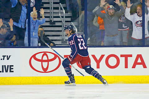 COLUMBUS, OH – OCTOBER 6: Sonny Milano #22 of the Columbus Blue Jackets celebrates after scoring his first career NHL goal during the game against the New York Islanders on October 6, 2017 at Nationwide Arena in Columbus, Ohio. (Photo by Kirk Irwin/Getty Images)