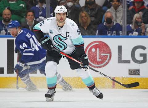 TORONTO, ON – MARCH 8: Mark Giordano #5 of the Seattle Kraken skates against the Toronto Maple Leafs The Maple Leafs defeated the Kraken 6-4. (Photo by Claus Andersen/Getty Images)