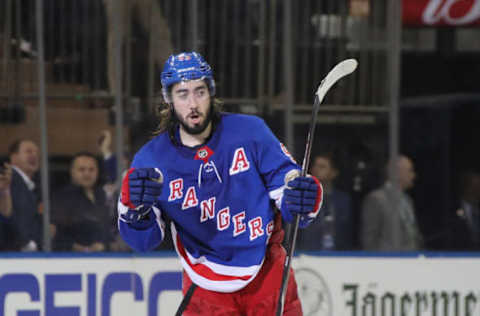 NEW YORK, NEW YORK – SEPTEMBER 26: Mika Zibanejad #93 of the New York Rangers celebrates his game winning shoot-out goal against the Philadelphia Flyers during a preseason game at Madison Square Garden on September 26, 2019 in New York City. The Rangers defeated the Flyers 2-1 in the shoot-out. (Photo by Bruce Bennett/Getty Images)