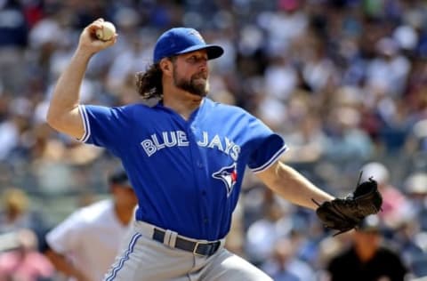 Sep 5, 2016; Bronx, NY, USA; Toronto Blue Jays starting pitcher R.A. Dickey (43) pitches in the first inning against the New York Yankees at Yankee Stadium. Mandatory Credit: Wendell Cruz-USA TODAY Sports