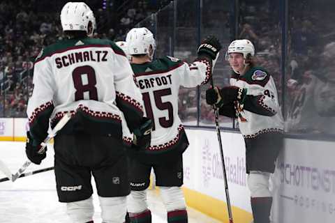 COLUMBUS, OHIO – NOVEMBER 16: Logan Cooley #92 of the Arizona Coyotes celebrates a goal with his team mates during the third period against the Columbus Blue Jackets at Nationwide Arena on November 16, 2023 in Columbus, Ohio. (Photo by Jason Mowry/Getty Images)