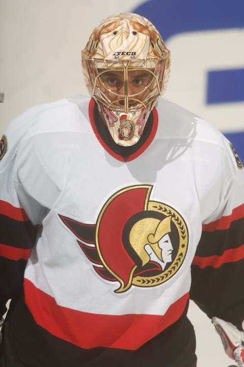 WASHINGTON – JANUARY 4: Goaltender Ray Emery #1 of the Ottawa Senators looks on in warm-ups during the NHL game against the Washington Capitals on January 4, 2006 at MCI Center in Washington D.C. The Senators won 3-1. (Photo by Mitchell Layton/Getty Images)