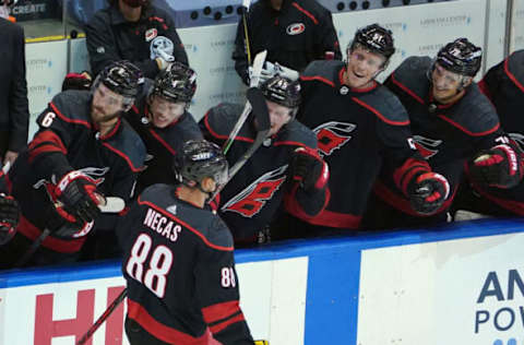 TORONTO, ONTARIO – AUGUST 01: The Carolina Hurricanes celebrate a short-handed goal by Martin Necas #88 against the New York Rangers at 10:51 of the third period in Game One of the Eastern Conference Qualification Round prior to the 2020 NHL Stanley Cup Playoffs at Scotiabank Arena on August 1, 2020 in Toronto, Ontario, Canada. (Photo by Andre Ringuette/Getty Images)