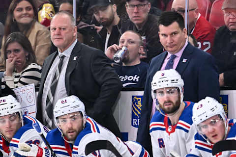 MONTREAL, CANADA – MARCH 09: Head coach of the New York Rangers Gerard Gallant and assistant coach Jim Midgley handle bench duties during the second period against the Montreal Canadiens at Centre Bell on March 9, 2023 in Montreal, Quebec, Canada. The New York Rangers defeated the Montreal Canadiens 4-3 in a shootout. Photo by Minas Panagiotakis/Getty Images)