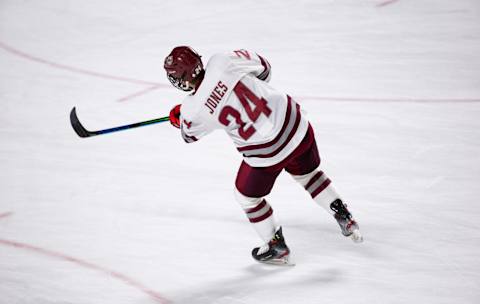 Zac Jones #24 of the Massachusetts Minutemen. (Photo by Richard T Gagnon/Getty Images)