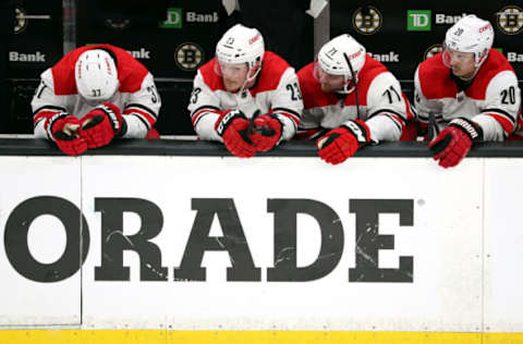 BOSTON, MASSACHUSETTS – MAY 12: The Carolina Hurricanes bench reacts during the third period in Game Two of the Eastern Conference Final against the Boston Bruins during the 2019 NHL Stanley Cup Playoffs at TD Garden on May 12, 2019 in Boston, Massachusetts. (Photo by Adam Glanzman/Getty Images)