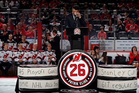 Patrik Elias has his jersey number 26 retired by the New Jersey Devils. (Photo by Adam Hunger/Getty Images)