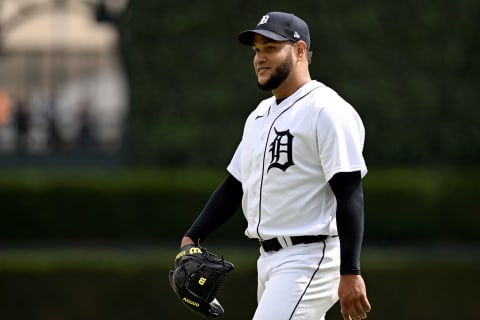 May 4, 2023; Detroit, Michigan, USA; Detroit Tigers starting pitcher Eduardo Rodriguez (57) smiles as he walks off the mound after completing eight shutout innings against the New York Mets at Comerica Park. Mandatory Credit: Lon Horwedel-USA TODAY Sports