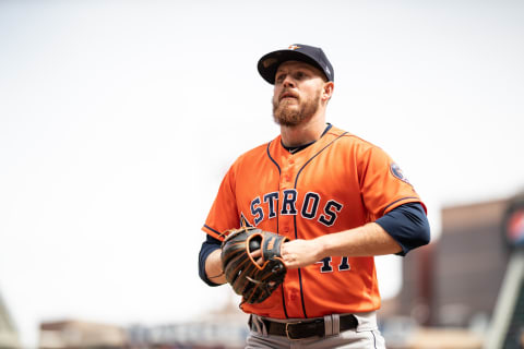 MINNEAPOLIS, MN- APRIL 11: Chris Devenski #47 of the Houston Astros looks on against the Minnesota Twins on April 11, 2018, at Target Field in Minneapolis, Minnesota. The Twins defeated the Astros 9-8. (Photo by Brace Hemmelgarn/Minnesota Twins/Getty Images) *** Local Caption *** Chris Devenski