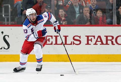 PHILADELPHIA, PA – MARCH 22: Mika Zibanejad #93 of the New York Rangers skates the puck against the Philadelphia Flyers on March 22, 2018 at the Wells Fargo Center in Philadelphia, Pennsylvania. (Photo by Len Redkoles/NHLI via Getty Images)