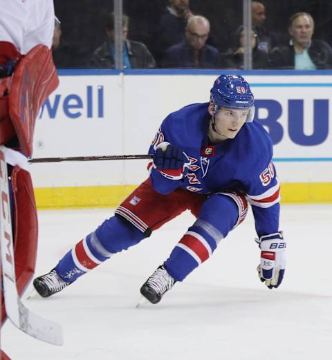 NEW YORK, NEW YORK – NOVEMBER 06: Lias Andersson #50 of the New York Rangers skates against the Montreal Canadiens at Madison Square Garden on November 06, 2018 in New York City. The Rangers defeated the Canadiens 5-3. (Photo by Bruce Bennett/Getty Images)