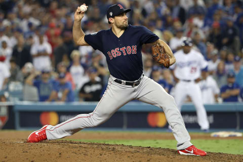 LOS ANGELES, CA – OCTOBER 26: Nathan Eovvaldi #17 of the Boston Red Sox pitches in the top of the 13th inning during Game 3 of the 2018 World Series against the Los Angeles Dodgers at Dodger Stadium on Friday, October 26, 2018 in Los Angeles, California. (Photo by Rob Tringali/MLB Photos via Getty Images)