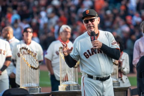 Sep 29, 2019; San Francisco, CA, USA; San Francisco Giants manager Bruce Bochy (15) speaks during a tribute to his time as a Giant after the game against the Los Angeles Dodgers at Oracle Park. Mandatory Credit: Ed Szczepanski-USA TODAY Sports