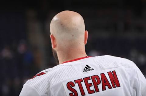 ELMONT, NEW YORK – APRIL 24: Derek Stepan #18 of the Carolina Hurricanes skates in warm-ups prior to the game against the New York Islanders at the UBS Arena on April 24, 2022, in Elmont, New York. (Photo by Bruce Bennett/Getty Images)