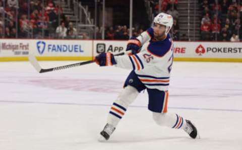 DETROIT, MICHIGAN – FEBRUARY 07: Darnell Nurse #25 of the Edmonton Oilers skates against the Detroit Red Wings at Little Caesars Arena on February 07, 2023 in Detroit, Michigan. (Photo by Gregory Shamus/Getty Images)