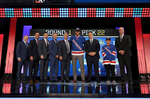 DALLAS, TX – JUNE 22: K’Andre Miller poses after being selected twenty-second overall by the New York Rangers during the first round of the 2018 NHL Draft at American Airlines Center on June 22, 2018 in Dallas, Texas. (Photo by Bruce Bennett/Getty Images)