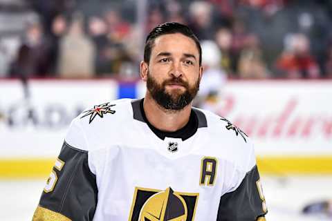 CALGARY, AB – MARCH 10: Vegas Golden Knights Defenceman Deryk Engelland (5) warms up before an NHL game where the Calgary Flames hosted the Vegas Golden Knights on March 10, 2019, at the Scotiabank Saddledome in Calgary, AB. (Photo by Brett Holmes/Icon Sportswire via Getty Images)