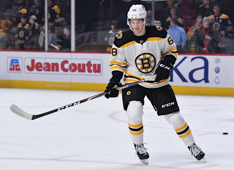 MONTREAL, QC – NOVEMBER 26: Jack Studnicka #68 of the Boston Bruins warms up prior to the game against the Montreal Canadiens in the NHL game at the Bell Centre on November 26, 2019 in Montreal, Quebec, Canada. (Photo by Francois Lacasse/NHLI via Getty Images)