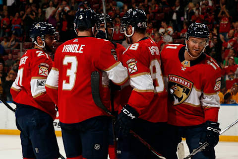 SUNRISE, FL – APRIL 3: Jonathan Huberdeau #11 of the Florida Panthers celebrates his goal with teammates during the first period against the Nashville Predators at the BB&T Center on April 3, 2018 in Sunrise, Florida. (Photo by Eliot J. Schechter/NHLI via Getty Images)