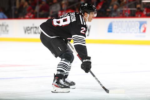 NEWARK, NJ – FEBRUARY 13: Damon Severson #28 of the New Jersey Devils skates against the Pittsburgh Penguins on February 13, 2022 at the Prudential Center in Newark, New Jersey. (Photo by Rich Graessle/Getty Images)