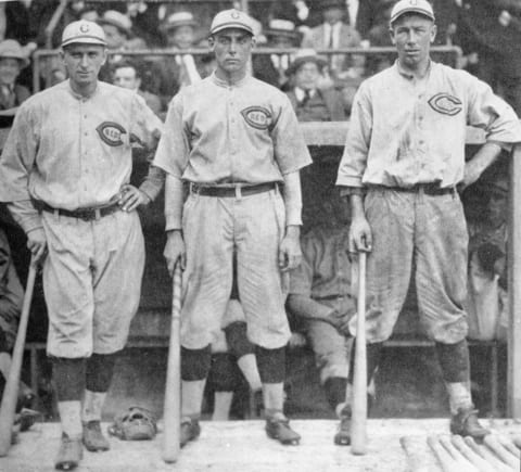 CHICAGO – October 3, 1919. The Cincinnati Reds starting outfielders pose in Comiskey Park in Chicago before the start of game three of the 1919 World Series. They are Sherry Magee, Edd Rousch, and Greasey Neale. (Photo by Mark Rucker/Transcendental Graphics, Getty Images)