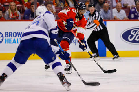 May 17, 2022; Sunrise, Florida, USA; Florida Panthers left wing Anthony Duclair (10) moves the puck during the second period against the Tampa Bay Lightning in game one of the second round of the 2022 Stanley Cup Playoffs at FLA Live Arena. Mandatory Credit: Sam Navarro-USA TODAY Sports