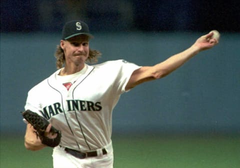 SEATTLE, UNITED STATES: Seattle Mariners pitcher Randy Johnson hurls a pitch during the third playoff game in the American League division series against the Yankees in Seattle 06 October. The Yankees are ahead 2-0 in the series. AFP PHOTO (Photo credit should read Vince Bucci/AFP/Getty Images)