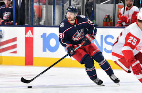 COLUMBUS, OH – OCTOBER 30: Oliver Bjorkstrand #28 of the Columbus Blue Jackets skates against the Detroit Red Wings on October 30, 2018 at Nationwide Arena in Columbus, Ohio. (Photo by Jamie Sabau/NHLI via Getty Images)