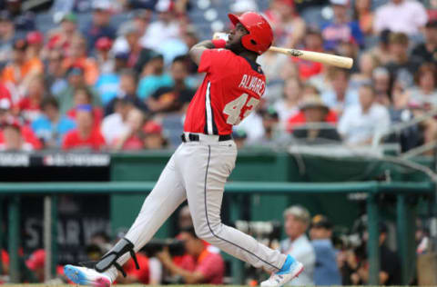 WASHINGTON, D.C. – JULY 15: Yordan Alvarez #45 of the World Team singles in the fifth inning during the SiriusXM All-Star Futures Game at Nationals Park on Sunday, July 15, 2018 in Washington, D.C. (Photo by Rob Tringali/MLB Photos via Getty Images)