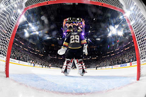 LAS VEGAS, NEVADA – NOVEMBER 17: Marc-Andre Fleury #29 of the Vegas Golden Knights tends net during the second period against the Calgary Flames at T-Mobile Arena on November 17, 2019 in Las Vegas, Nevada. (Photo by Jeff Bottari/NHLI via Getty Images)