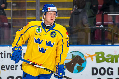 KELOWNA, BC – DECEMBER 18: Rasmus Sandin #8 of Team Sweden warms up against the Team Russia at Prospera Place on December 18, 2018 in Kelowna, Canada. (Photo by Marissa Baecker/Getty Images)