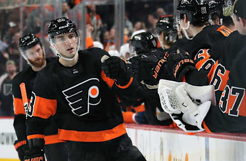 PHILADELPHIA, PA – MARCH 23: Shayne Gostisbehere #53 of the Philadelphia Flyers celebrates his third period goal with teammates on the bench against the New York Islanders on March 23, 2019 at the Wells Fargo Center in Philadelphia, Pennsylvania. (Photo by Len Redkoles/NHLI via Getty Images)