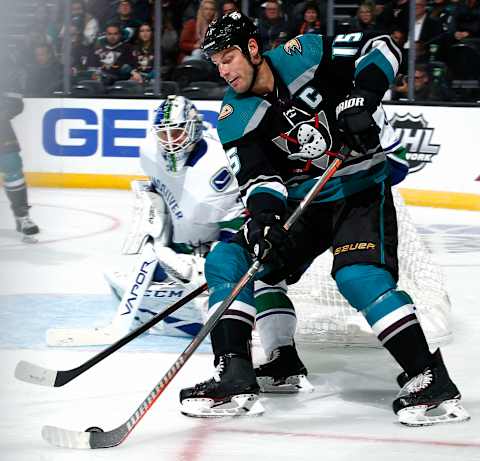 ANAHEIM, CA – FEBRUARY 13: Ryan Getzlaf #15 of the Anaheim Ducks skates with the puck as Jacob Markstrom #25 of the Vancouver Canucks holds the crease during the game on February 13, 2019, at Honda Center in Anaheim, California. (Photo by Debora Robinson/NHLI via Getty Images)