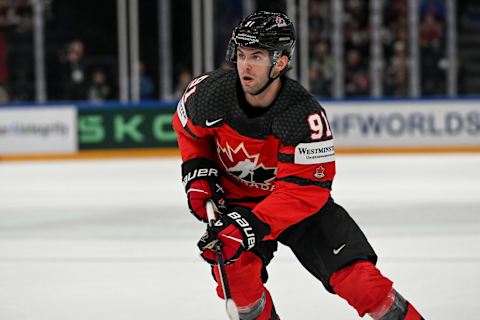 RIGA, LATVIA – MAY 27: Adam Fantilli of Canada in action during the 2023 IIHF Ice Hockey World Championship Finland – Latvia game between Canada and Latvia at Nokia Arena on May 27, 2023 in Tampere, Finland. (Photo by Andrea Branca/Eurasia Sport Images/Getty Images)