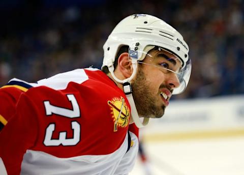 Jan 17, 2016; Tampa, FL, USA; Florida Panthers center Brandon Pirri (73) against the Tampa Bay Lightning during the first period at Amalie Arena. Mandatory Credit: Kim Klement-USA TODAY Sports