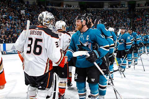 SAN JOSE, CA – APRIL 18: Joe Pavelski #8 of the San Jose Sharks shakes hands with John Gibson #36 of the Anaheim Ducks in Game Four of the Western Conference First Round during the 2018 NHL Stanley Cup Playoffs at SAP Center on April 18, 2018 in San Jose, California. (Photo by Rocky W. Widner/NHL/Getty Images) *** Local Caption *** Joe Pavelski; John Gibson