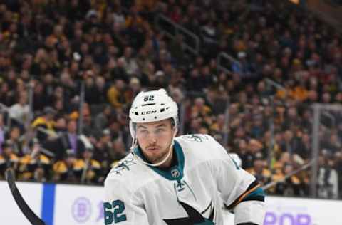 BOSTON, MA – OCTOBER 29: Kevin Labanc #62 of the San Jose Sharks skates against the Boston Bruins at the TD Garden on October 29, 2019 in Boston, Massachusetts. (Photo by Steve Babineau/NHLI via Getty Images)