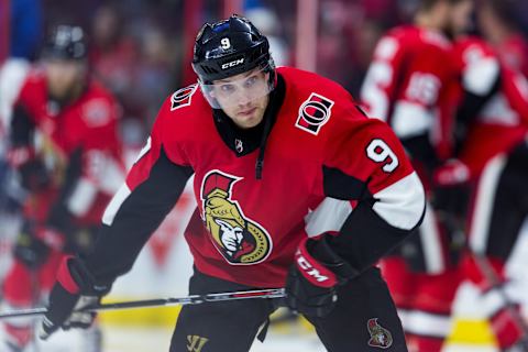 OTTAWA, ON – MARCH 20: Ottawa Senators Right Wing Bobby Ryan (9) takes a shot during warm-up before National Hockey League action between the Florida Panthers and Ottawa Senators on March 20, 2018, at Canadian Tire Centre in Ottawa, ON, Canada. (Photo by Richard A. Whittaker/Icon Sportswire via Getty Images)