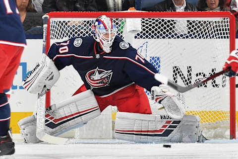 COLUMBUS, OH – DECEMBER 8: Goaltender Joonas Korpisalo #70 of the Columbus Blue Jackets defends the net against the Washington Capitals on December 8, 2018 at Nationwide Arena in Columbus, Ohio. (Photo by Jamie Sabau/NHLI via Getty Images)