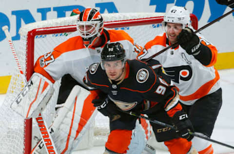 ANAHEIM, CA – OCTOBER 7: Giovanni Fiore #90 of the Anaheim Ducks battles in front of the net against the Philadelphia Flyers on October 7, 2017. (Photo by Debora Robinson/NHLI via Getty Images)