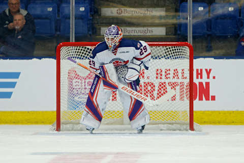 Jacob Fowler #29 looks on while tending goal. (Photo by Mike Mulholland/Getty Images)