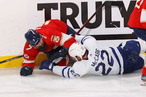 SUNRISE, FL – MAY 10: Jake McCabe #22 of the Toronto Maple Leafs  a. (Photo by Joel Auerbach/Getty Images)