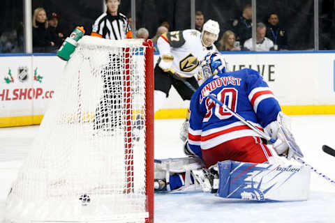 NEW YORK, NY – DECEMBER 02: Henrik Lundqvist #30 of the New York Rangers allows a goal to Max Pacioretty #67 of the Vegas Golden Knights at Madison Square Garden on December 2, 2019 in New York City. (Photo by Jared Silber/NHLI via Getty Images)