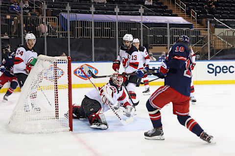 NEW YORK, NEW YORK – APRIL 15: Artemi Panarin #10 of the New York Rangers scores at 12:51 of the second period against Mackenzie Blackwood #29 of the New Jersey Devils at Madison Square Garden on April 15, 2021 in New York City. (Photo by Bruce Bennett/Getty Images)