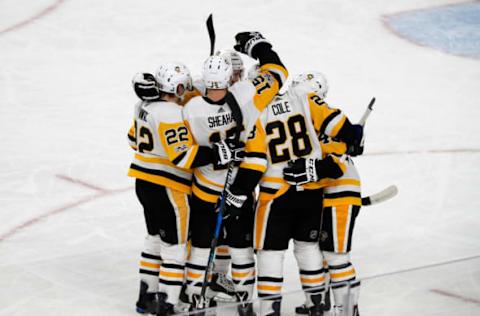 LAS VEGAS, NV – DECEMBER 14: The Penguins celebrate after scoring their only goal during the game between the Vegas Golden Knights and the Pittsburgh Penguins on December 14, 2017 at T-Mobile Arena in Las Vegas, Nevada. (Photo by Jeff Speer/Icon Sportswire via Getty Images)