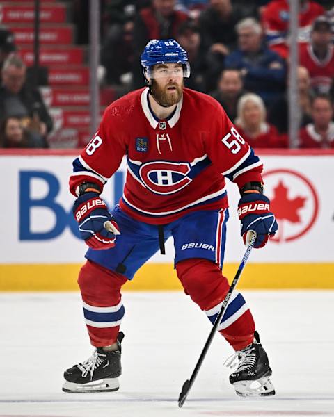 MONTREAL, CANADA – OCTOBER 14: David Savard #58 of the Montreal Canadiens skates during the second period against the Chicago Blackhawks at the Bell Centre on October 14, 2023 in Montreal, Quebec, Canada. The Montreal Canadiens defeated the Chicago Blackhawks 3-2. (Photo by Minas Panagiotakis/Getty Images)