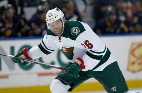 Mar 5, 2016; Buffalo, NY, USA; Minnesota Wild left wing Thomas Vanek (26) against the Buffalo Sabres at First Niagara Center. Minnesota beats Buffalo 3 to 2. Mandatory Credit: Timothy T. Ludwig-USA TODAY Sports