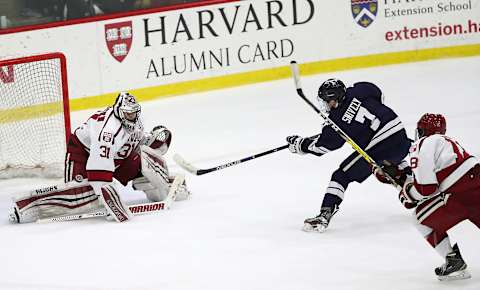 BOSTON – MARCH 10: Yale Bulldogs’ Joe Snively scores a break away goal, beating Harvard University Crimson’s Merrick Madsen and Adam Fox during second period action. The ECAC quarterfinal men’s ice hockey game was played at the Bright-Landry Center, March 10, 2017. (Photo by Matthew J. Lee/The Boston Globe via Getty Images)