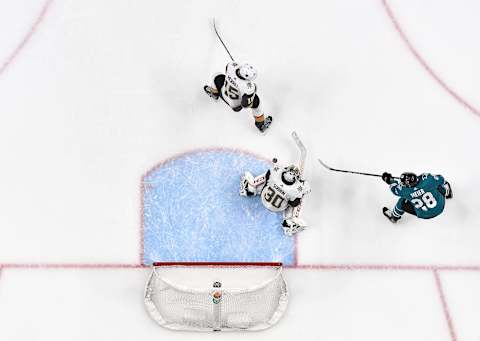 SAN JOSE, CA – MARCH 30: An overhead view as Timo Meier #28 of the San Jose Sharks crashes the net against Malcolm Subban #30 of the Vegas Golden Knights at SAP Center on March 30, 2019 in San Jose, California (Photo by Brandon Magnus/NHLI via Getty Images)